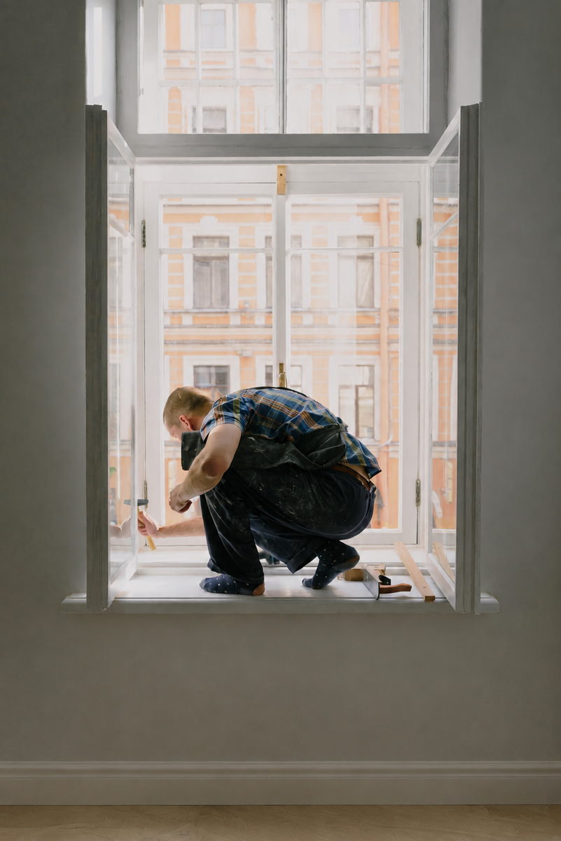 Tradesperson carrying out a careful window repair